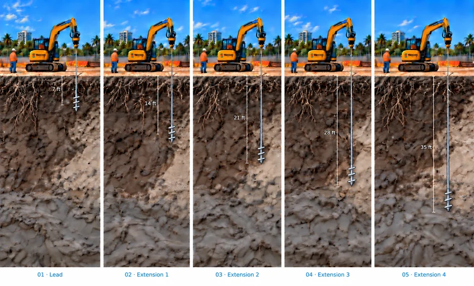 Illustrated helical pile sequence for method context. This is not a completed pool project or a pool-specific foundation design.