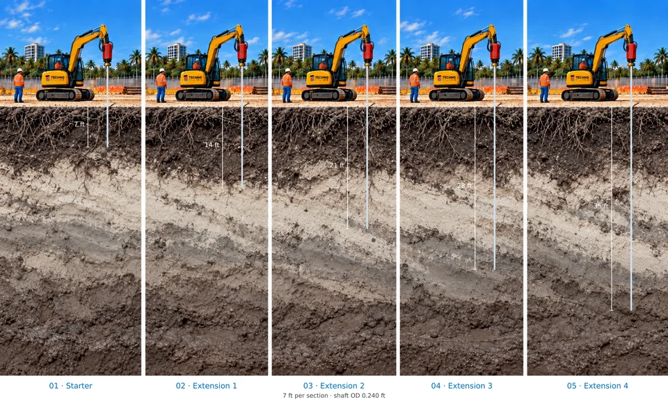 Illustrated pin-pile installation sequence from the technical library. The dimensions shown are illustrative, not a project specification.